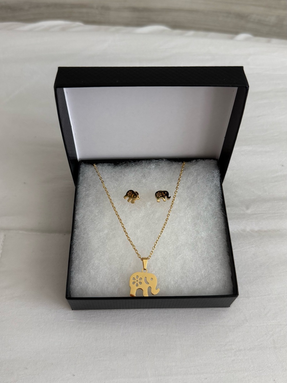 Gold Stainless Steel Elephant Pendant Necklace and Stud Earrings Set